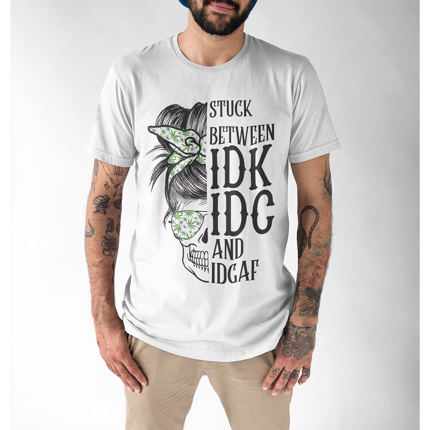 Messy Bun Skull Stuck Between Idk Idc And Idgaf Shirt Messy Bun Skull Stuck Between Idk Idc And Idgaf Shirt