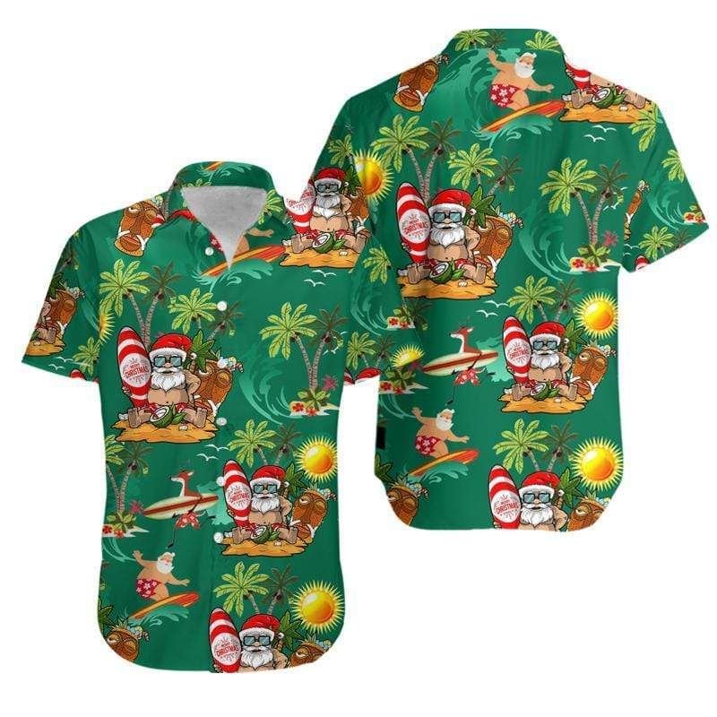 Santa On Beach Green Hawaiian Shirt Santa On Beach Green Hawaiian Shirt