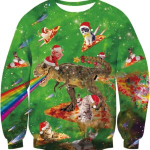Cat And T-Rex Pizza Fest Ugly Christmas Sweater