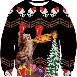 Fire-Breathing Cat Boxing Christmas Sweater