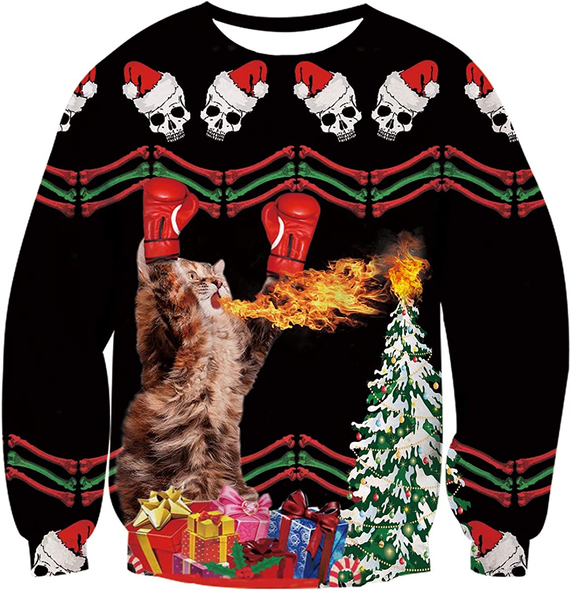Fire-Breathing Cat Boxing Christmas Sweater