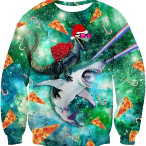 T-Rex Riding Shark Christmas Sweater