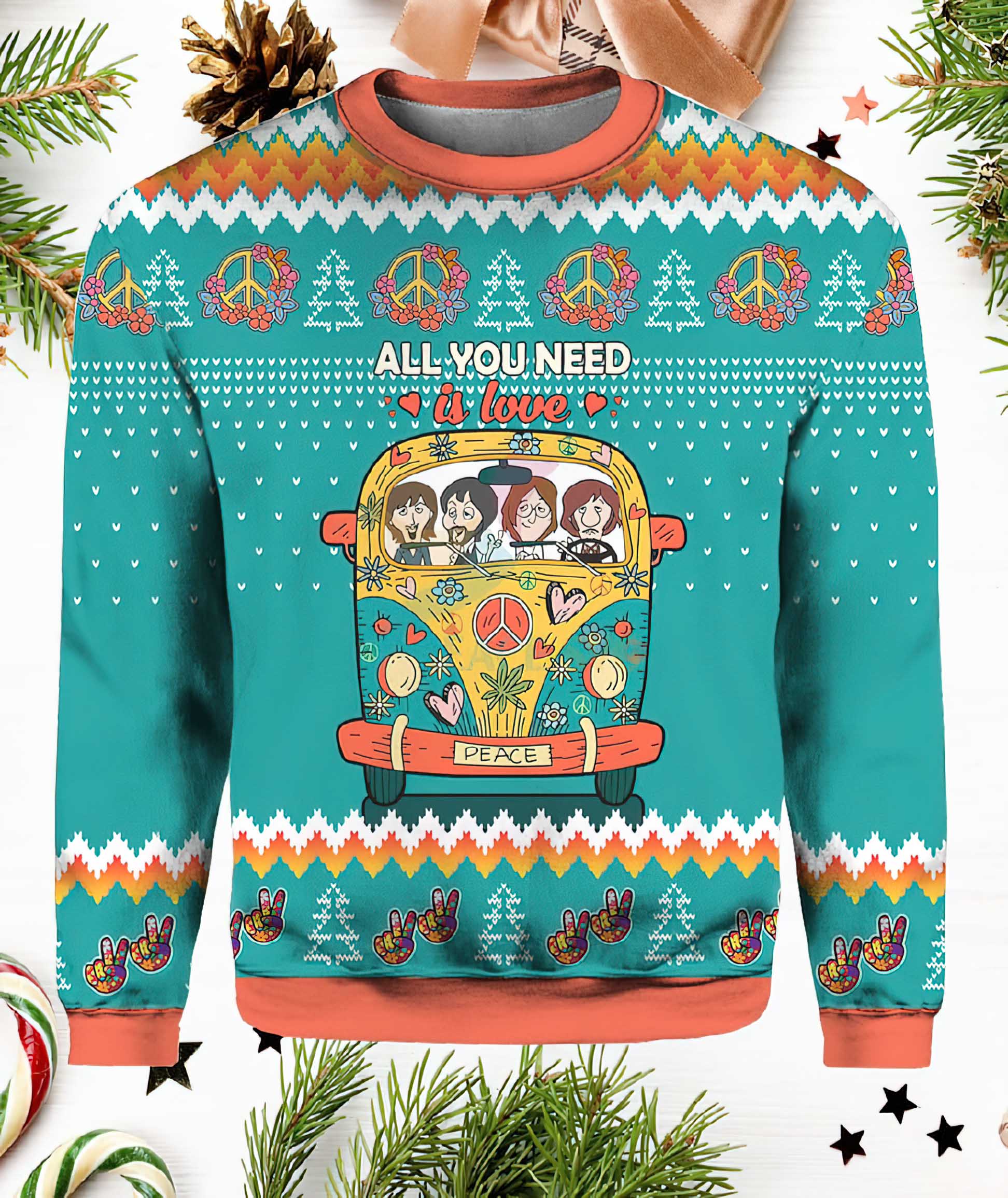All You Need Is Love Hippie Peace Christmas Sweater