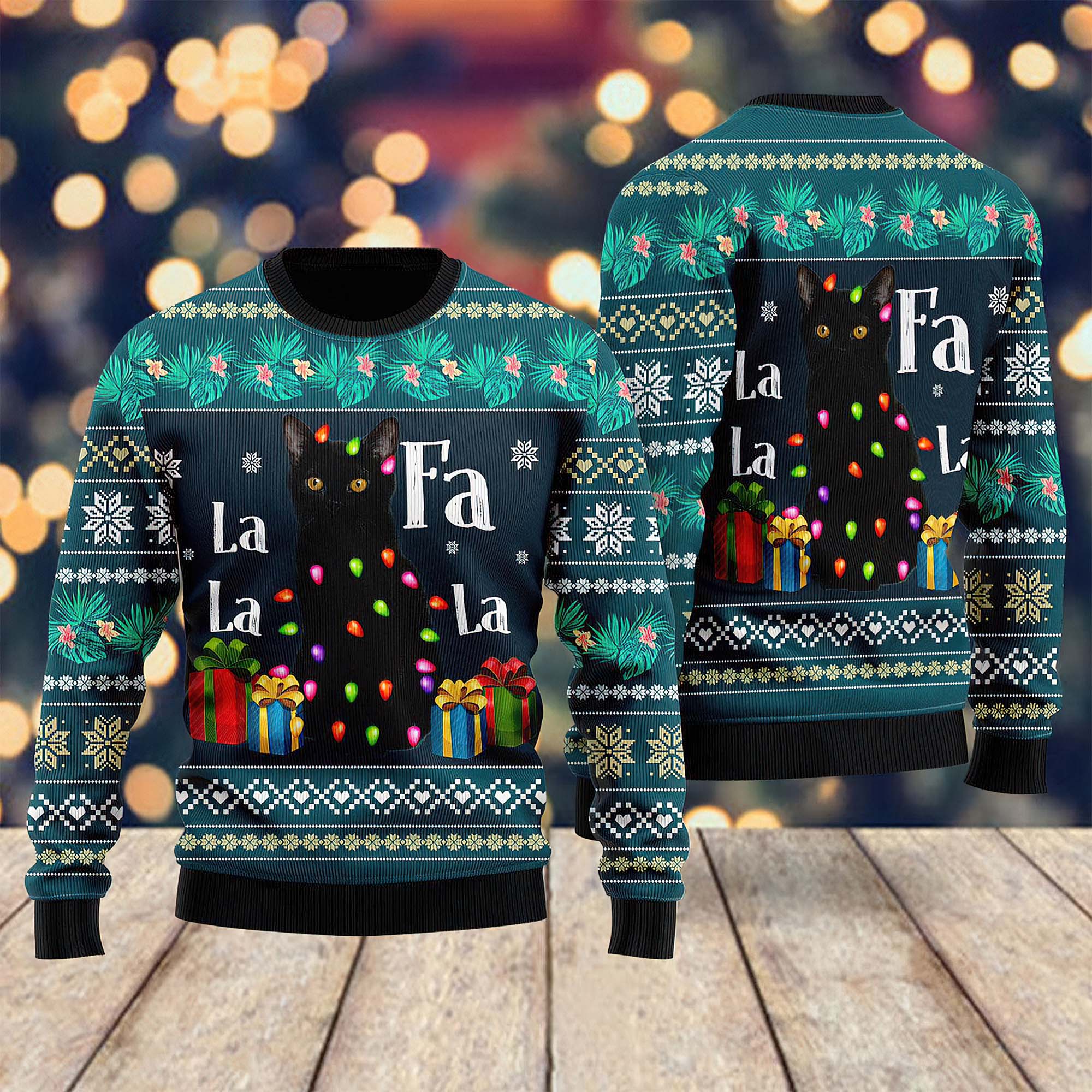 Black Cat Falalala Ugly Christmas Sweater Black Cat Falalala Ugly Christmas Sweater