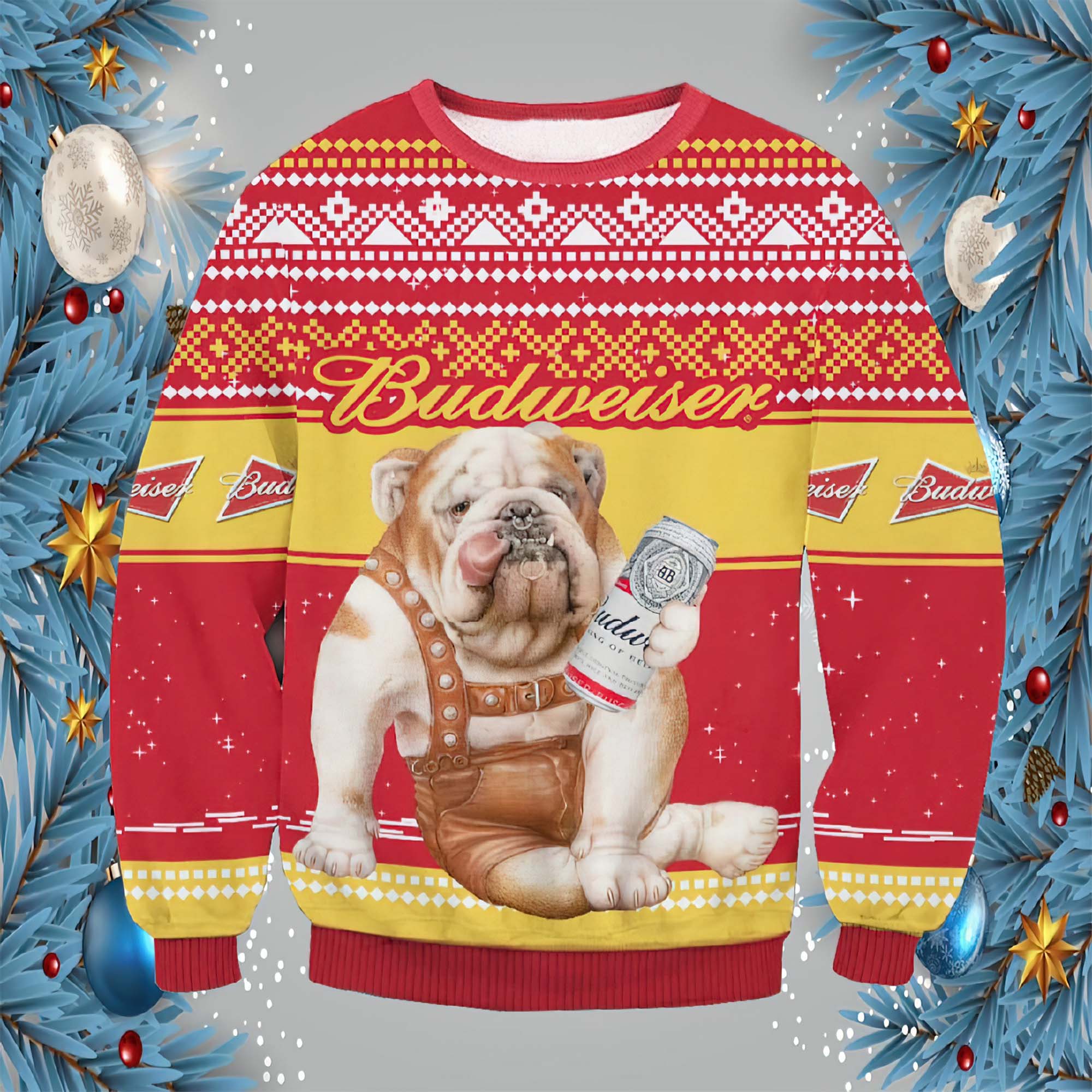 Budweiser Bulldog Ugly Christmas Sweater Budweiser Bulldog Ugly Christmas Sweater