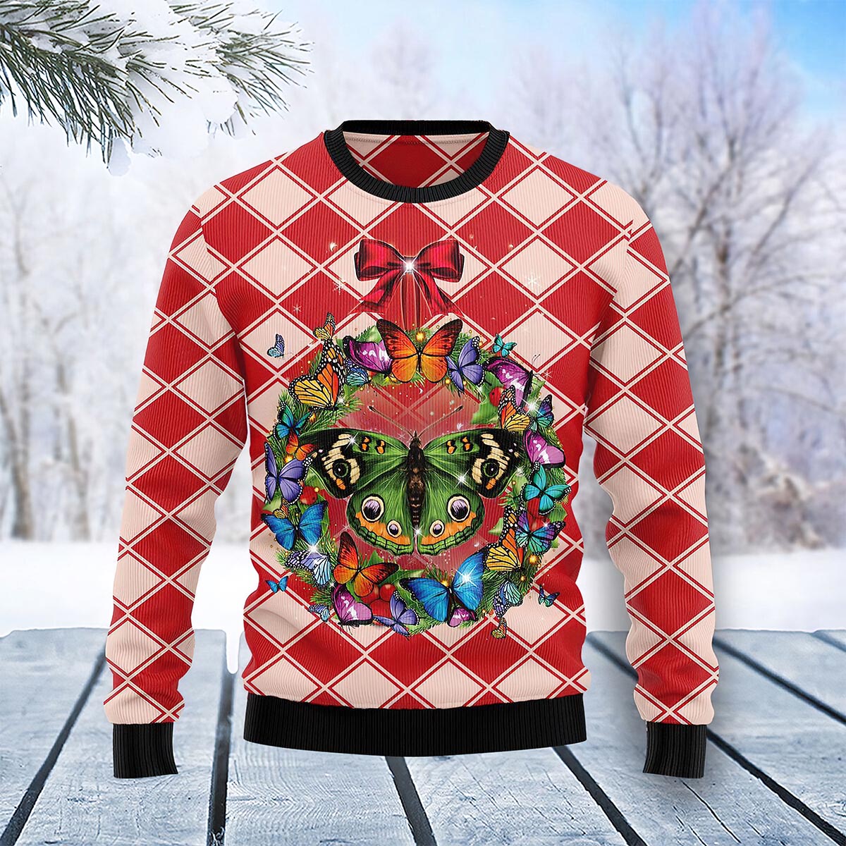 Butterfly Wreath Christmas Ugly Christmas Sweater Butterfly Wreath Christmas Ugly Christmas Sweater