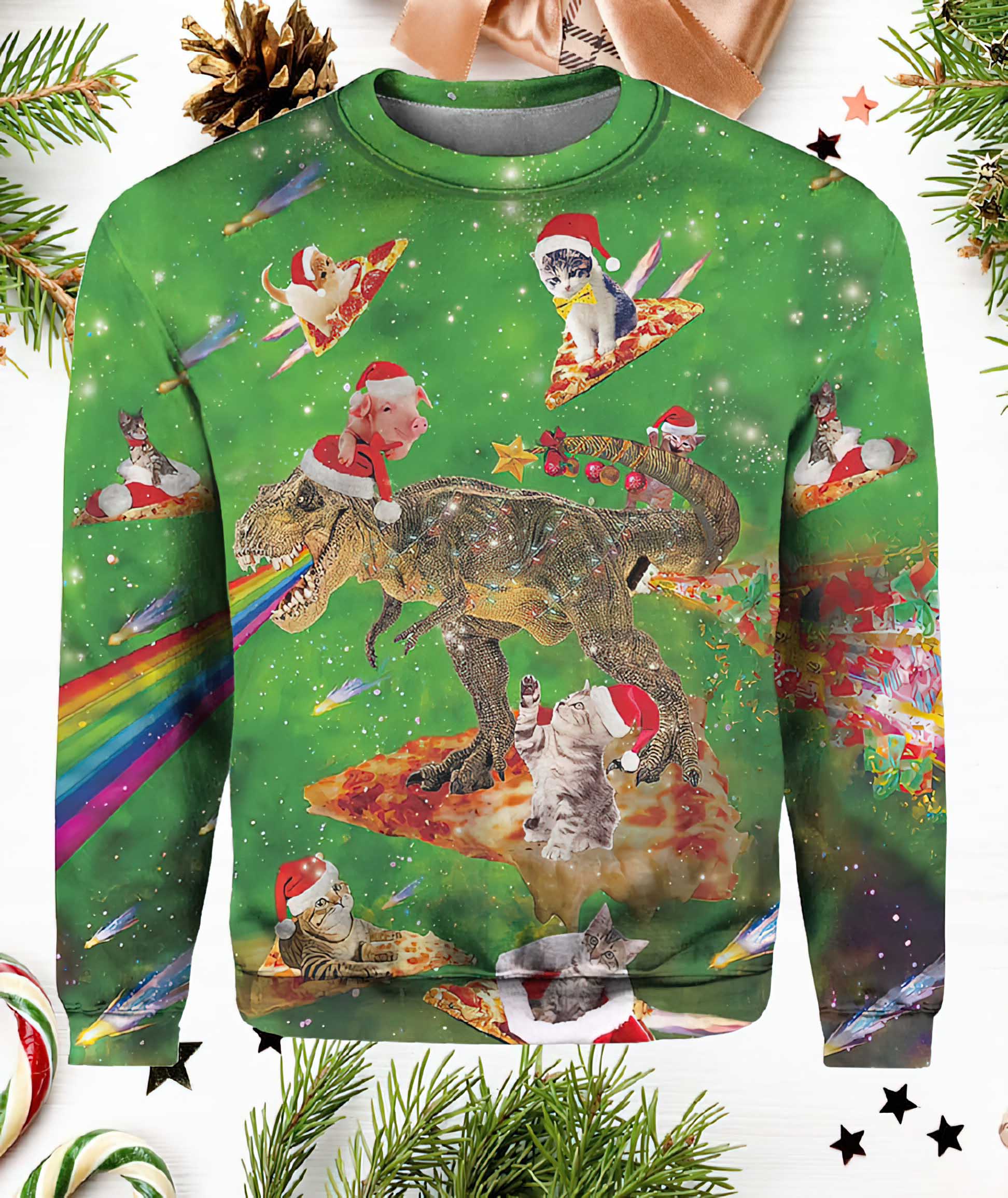 Cat T-Rex Pizza Fest Ugly Christmas Sweater Cat T-Rex Pizza Fest Ugly Christmas Sweater