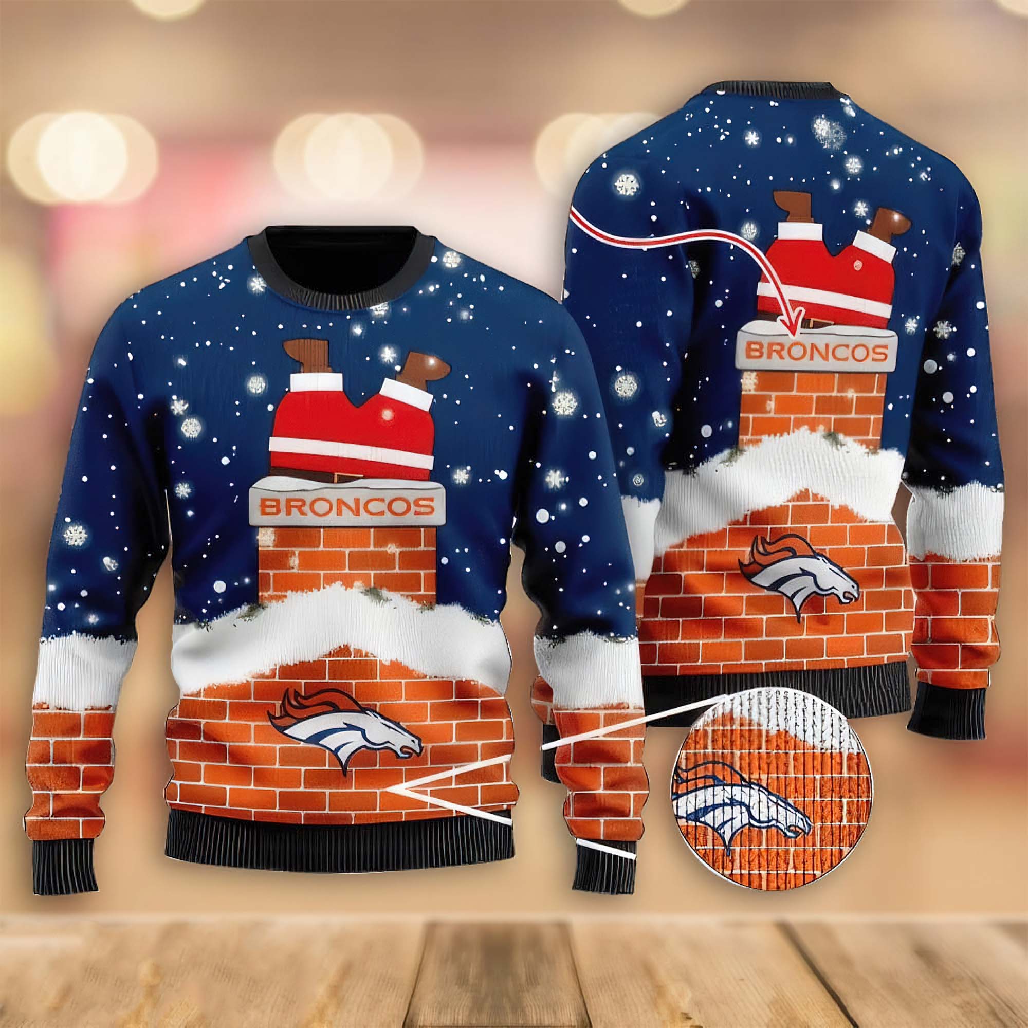 Denver Broncos Custom Name Santa Down The Chimney Christmas Sweater Denver Broncos Custom Name Santa Down The Chimney Christmas Sweater