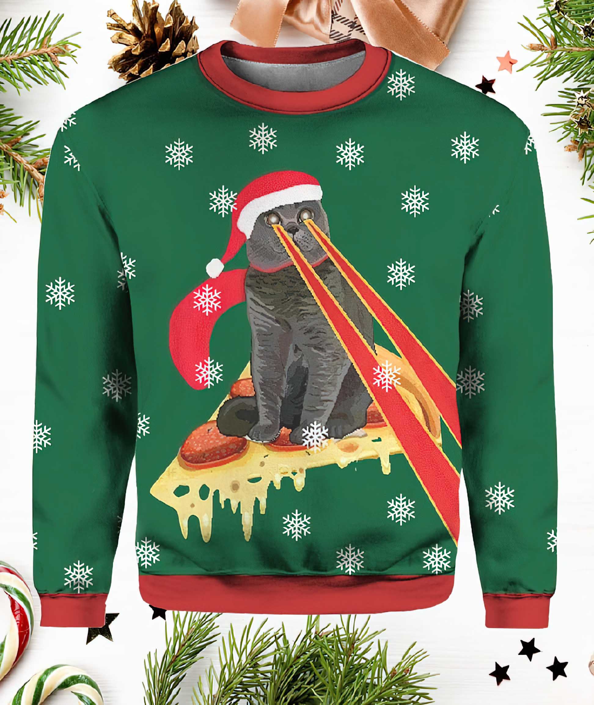 Drax Pizza Cat With Laser Eyes Ugly Christmas Sweater Drax Pizza Cat With Laser Eyes Ugly Christmas Sweater
