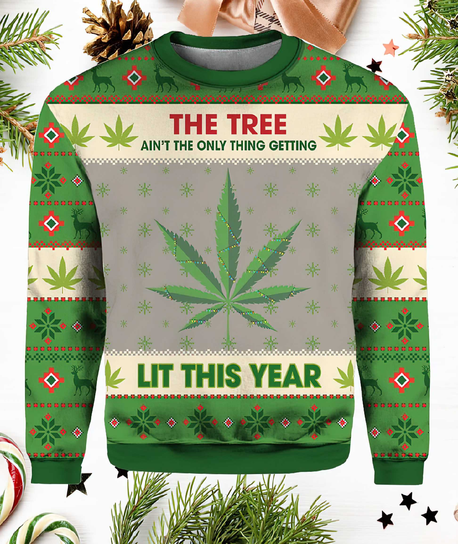 Hobby New Lit This Year Weed Ugly Christmas Sweater