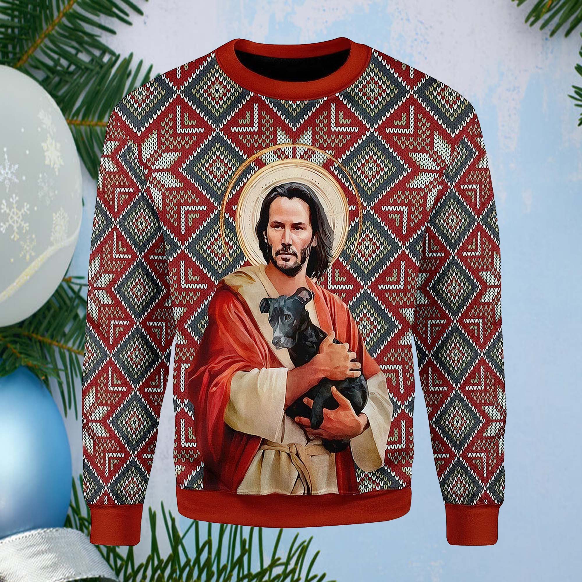 Jesus Keanu Reeves With Dog Ugly Christmas Sweater Jesus Keanu Reeves With Dog Ugly Christmas Sweater