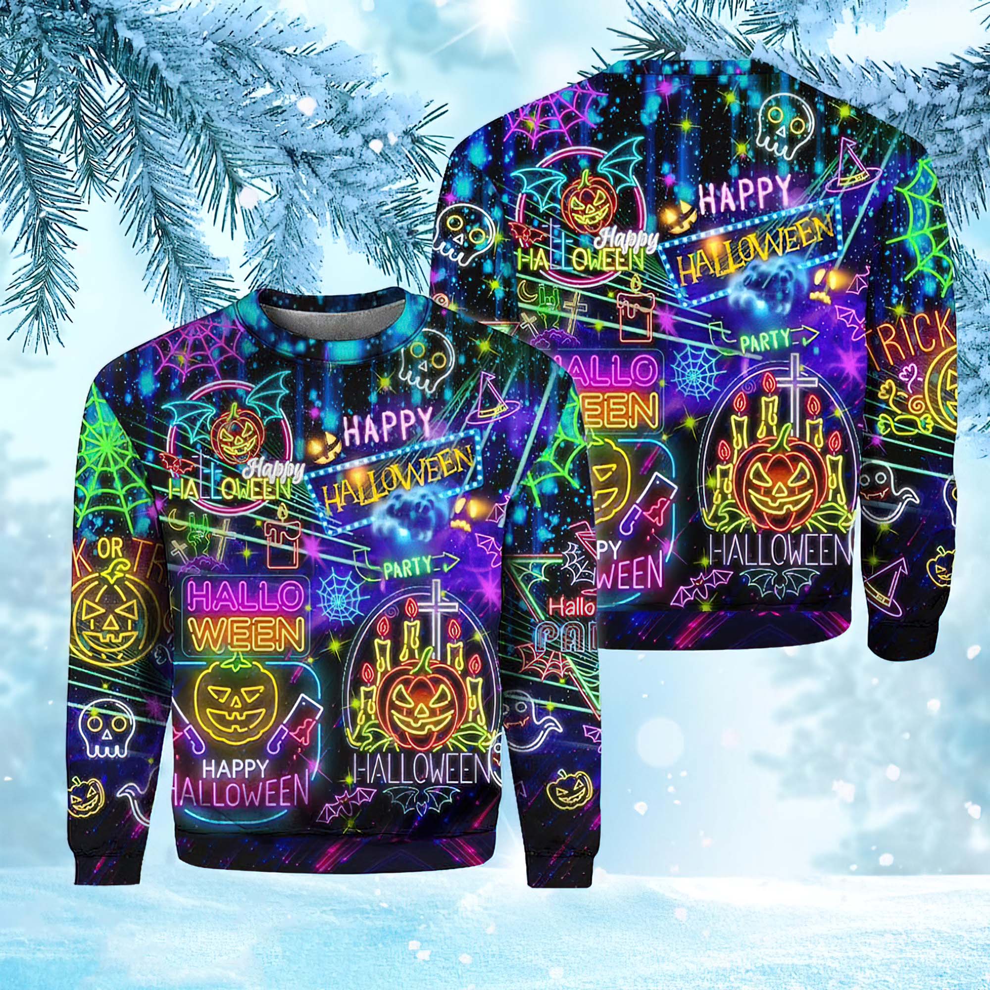 Neon Halloween Night Life Party Colorful Lights Pattern Christmas Ugly Sweater