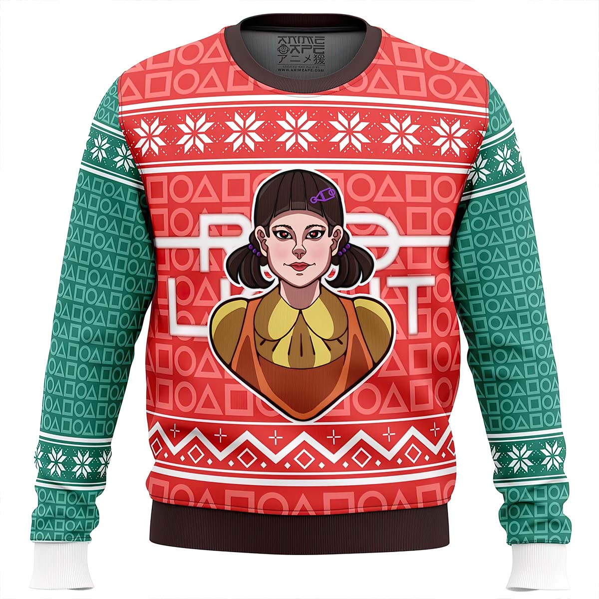 Squid Game Red Light Green Light Doll Ugly Christmas Sweater Squid Game Red Light Green Light Doll Ugly Christmas Sweater