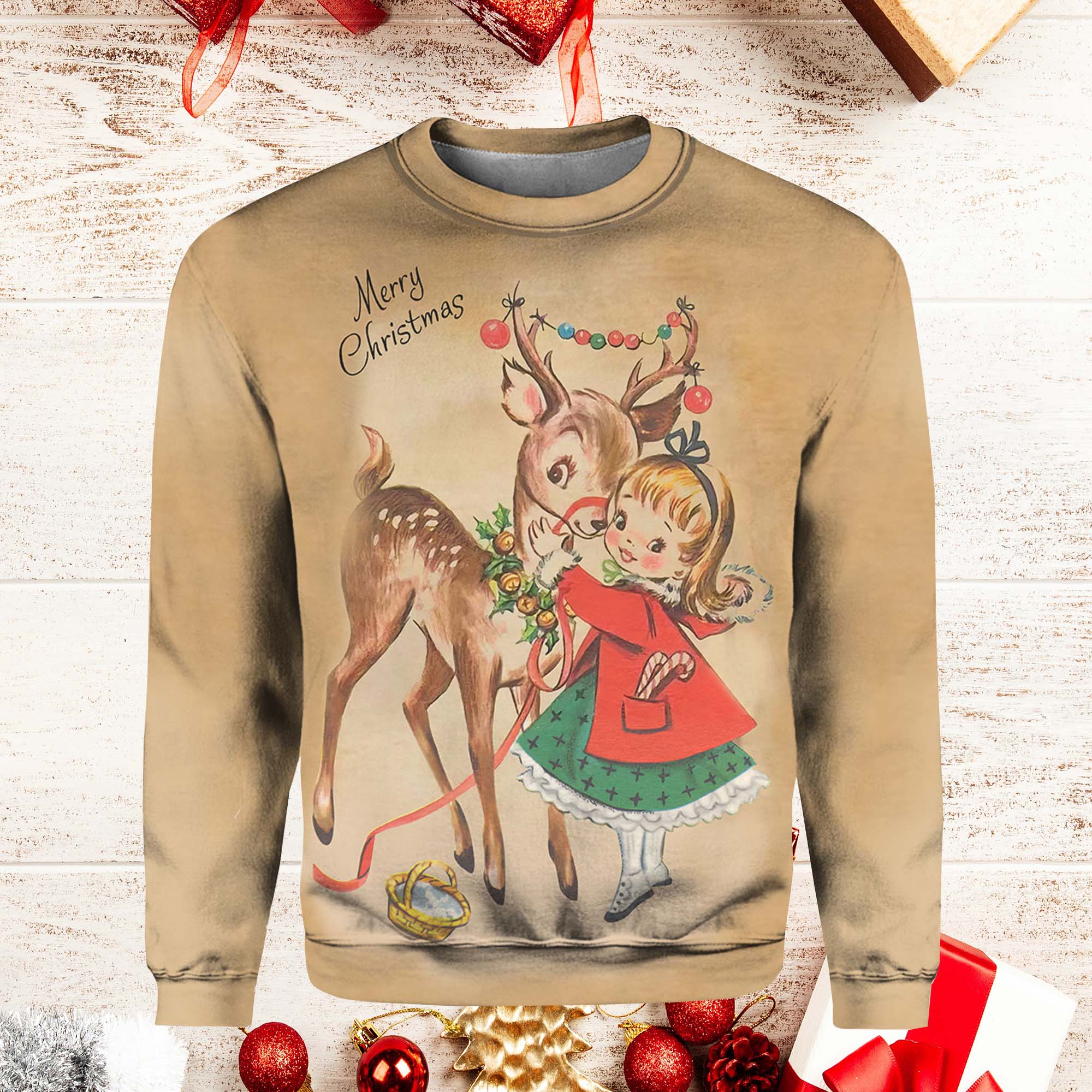 Vintage Christmas Little Girl And Christmas Deer Sweater Vintage Christmas Little Girl And Christmas Deer Sweater