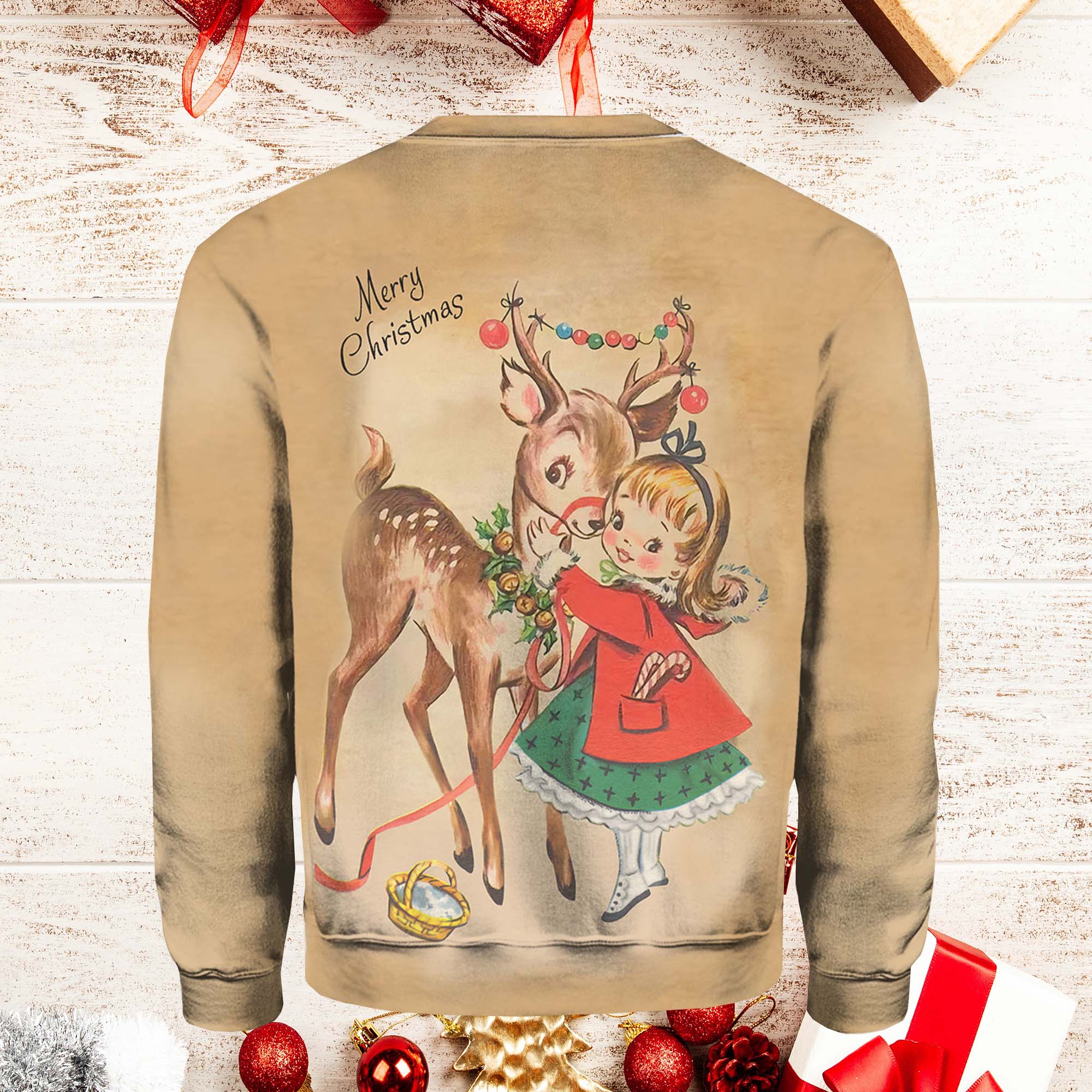 Vintage Christmas Little Girl And Christmas Deer Sweater Vintage Christmas Little Girl And Christmas Deer Sweater