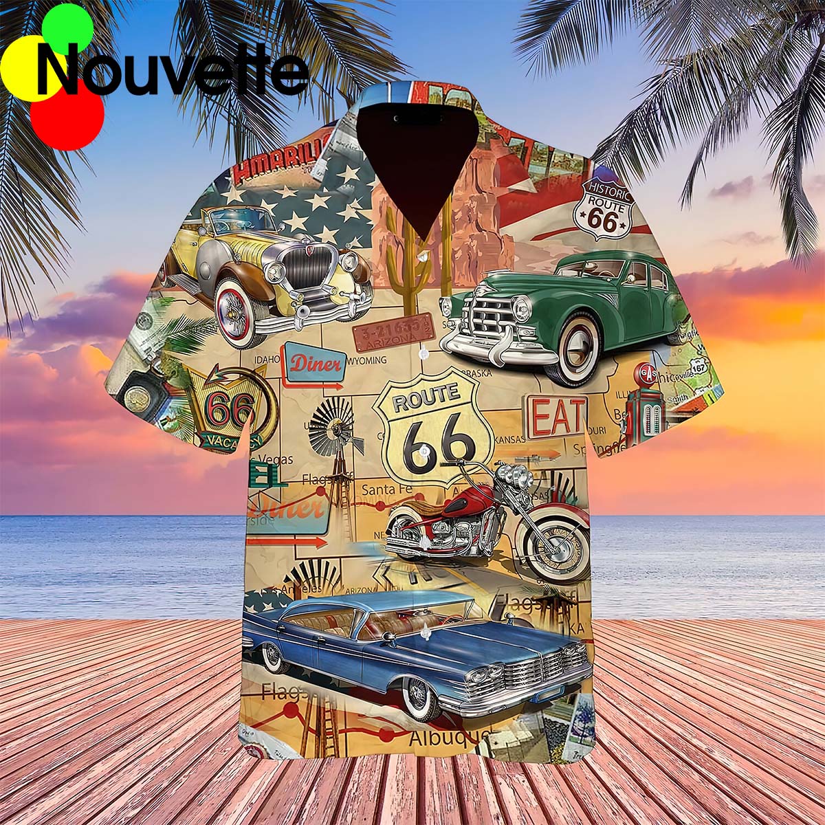 Vintage Muscle Car On Route 66 Vacation Hawaiian Shirt