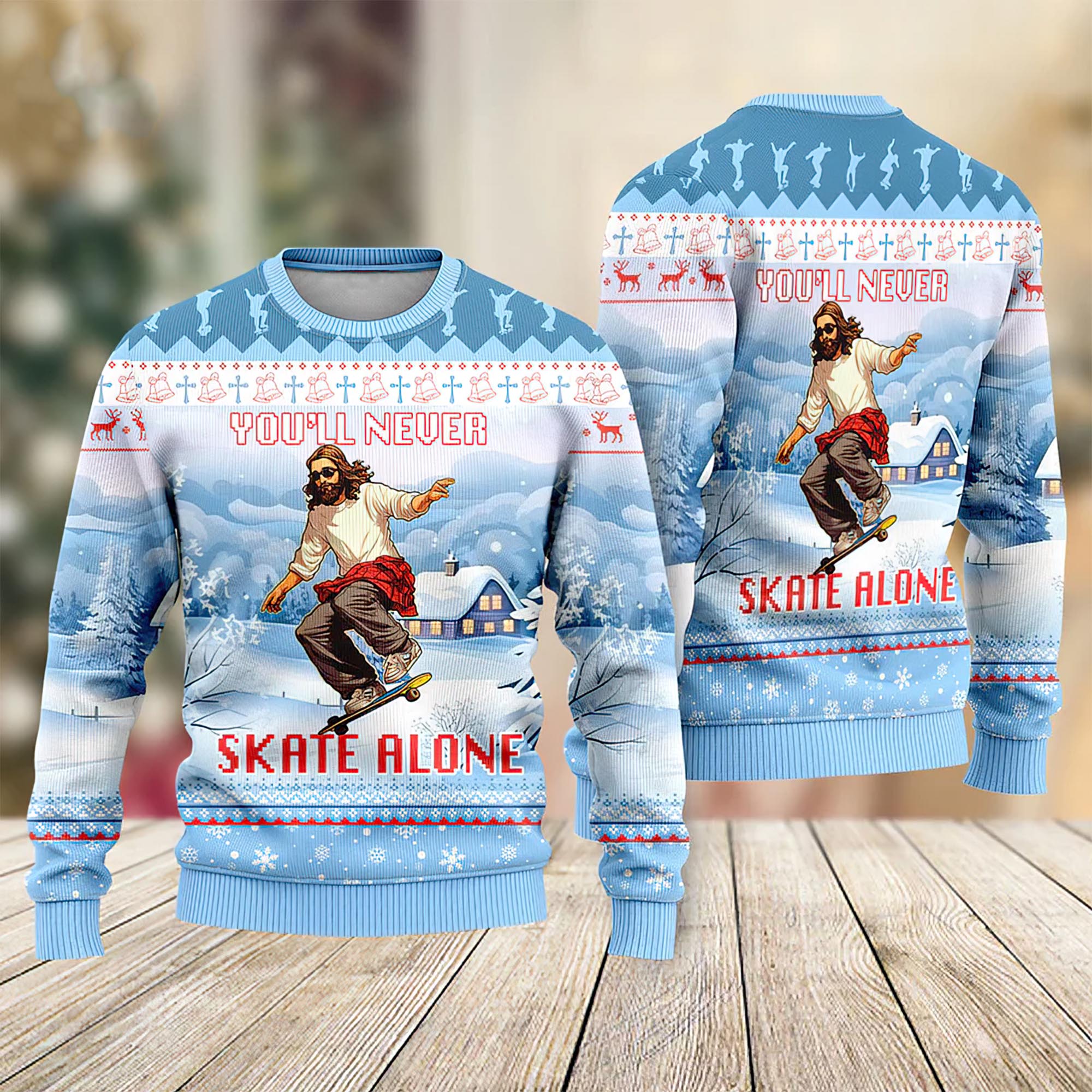 You’Ll Never Skate Alone Funny Jesus Skateboarding Christmas Sweater