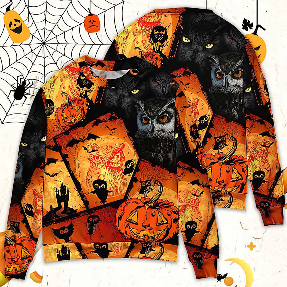 Owl And Pumpkin Halloween Christmas Sweater