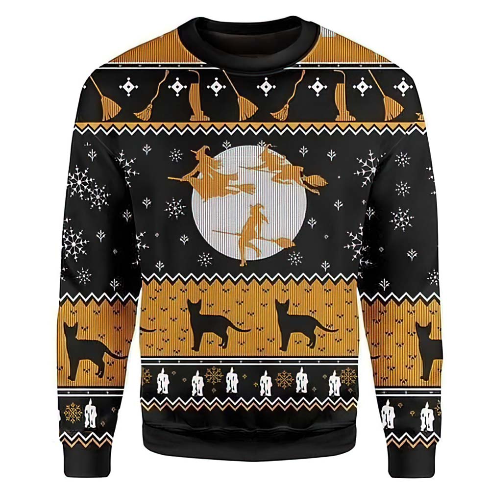 Witch Flying To The Moon And Black Cat Pattern Christmas Sweater