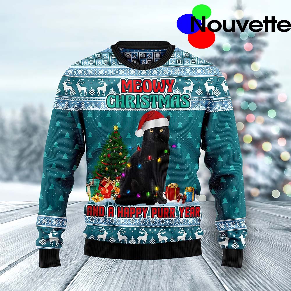 Black Cat Meowy Christmas And A Happy Purr Year Christmas Ugly Sweater Black Cat Meowy Christmas And A Happy Purr Year Christmas Ugly Sweater