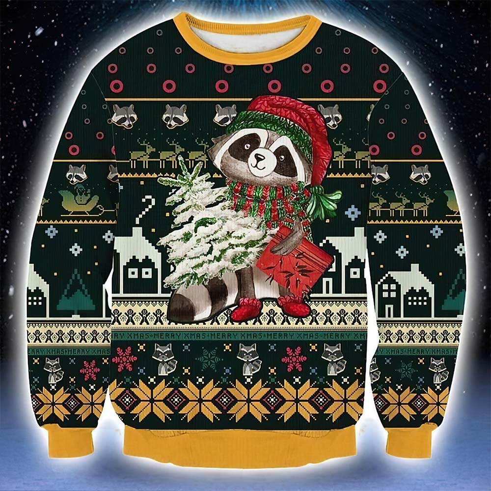 Lovely Raccoon Hold Christmas Tree And Present Sweater Lovely Raccoon Hold Christmas Tree And Present Sweater