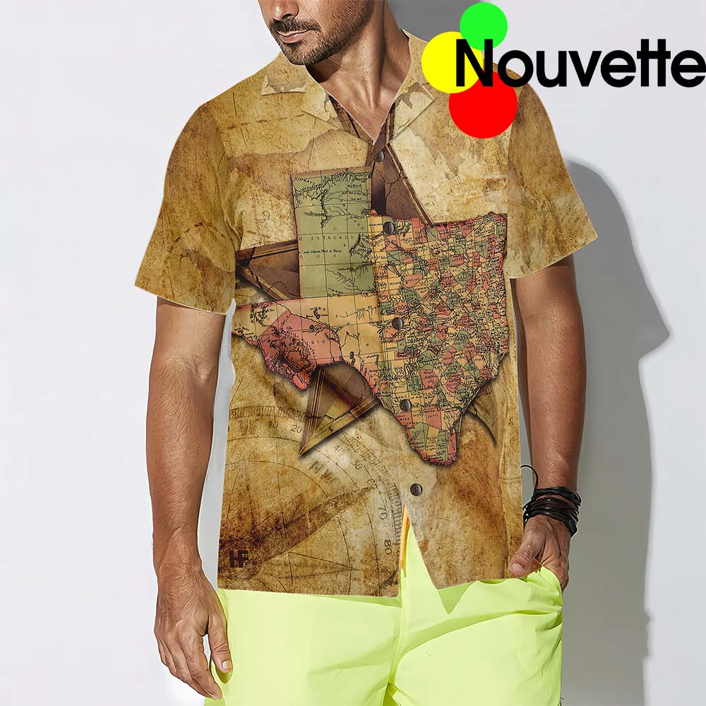 Texas State Map And Compass Pattern Hawaiian Shirt Texas State Map And Compass Pattern Hawaiian Shirt