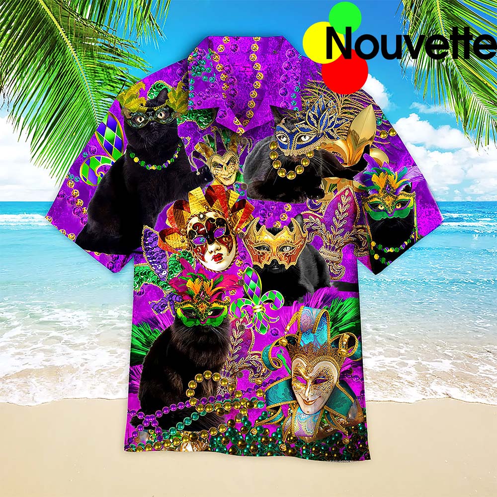 Black Cat Mardi Gras Aloha Hawaiian Shirt