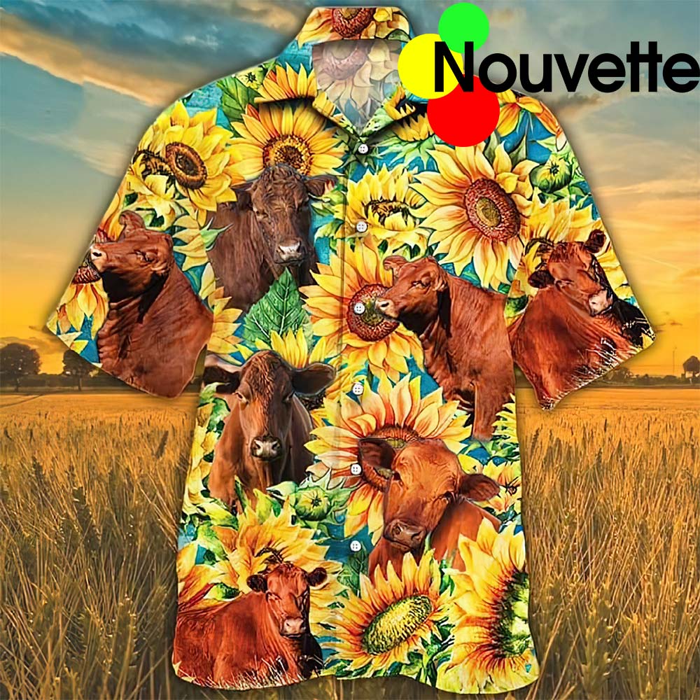 Red Angus Cattle Sunflower Hawaiian Shirt