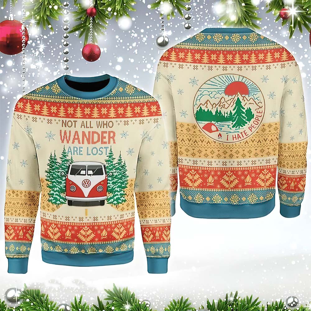 Camping Bus On Mountain Not All Who Wander Are Lost Christmas Sweater Camping Bus On Mountain Not All Who Wander Are Lost Christmas Sweater
