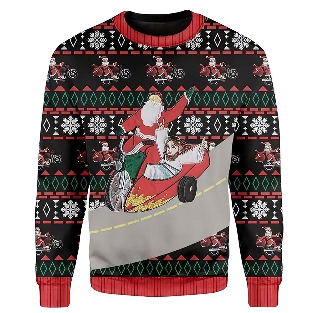 Racing Santa Claus And God Jesus On The Road Christmas Sweater Racing Santa Claus And God Jesus On The Road Christmas Sweater