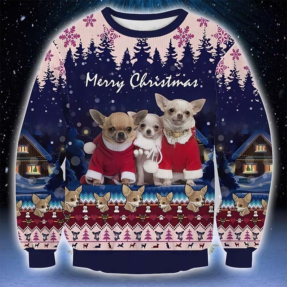 Lovely Chihuahua Family In Night Winter Christmas Sweater Lovely Chihuahua Family In Night Winter Christmas Sweater