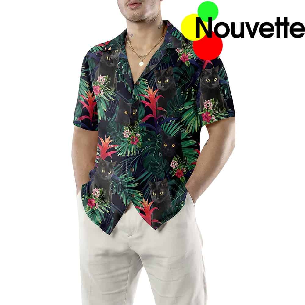 Black Cat And Tropical Pattern Hawaiian Shirt Black Cat And Tropical Pattern Hawaiian Shirt