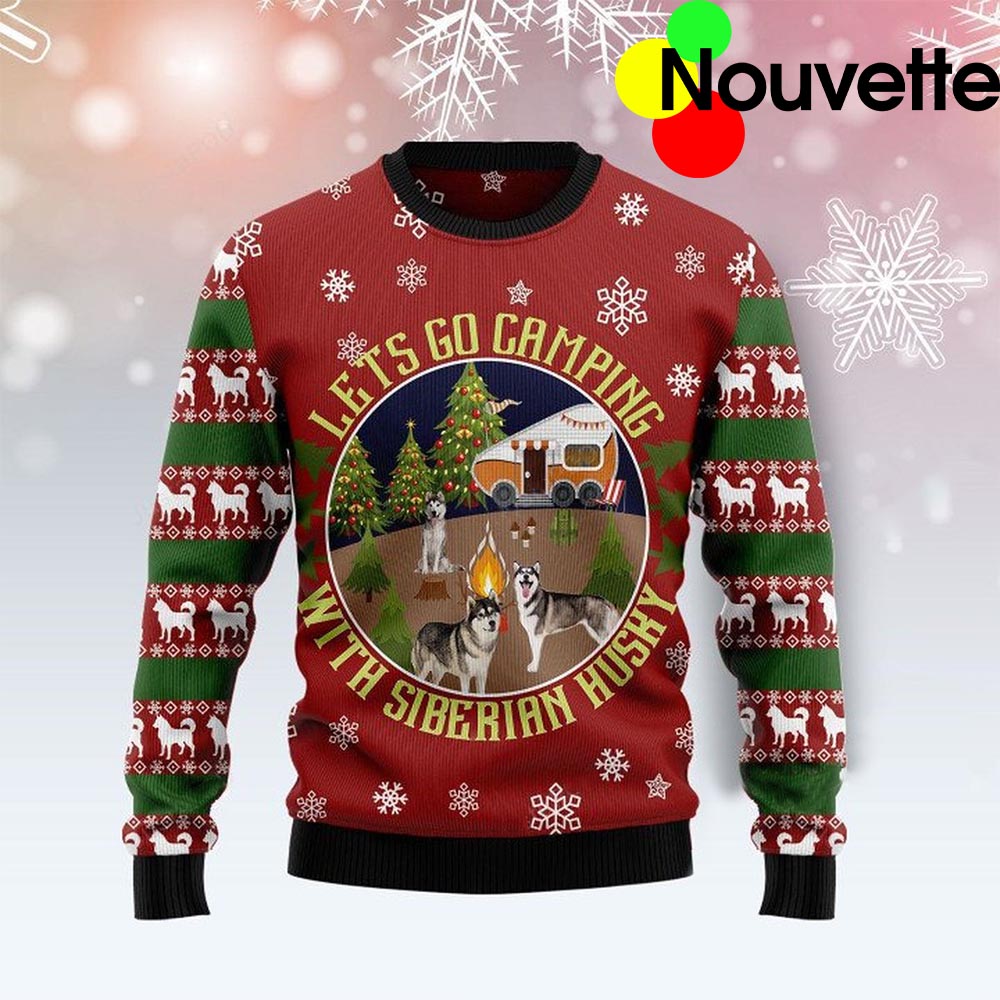 Let’S Go Camping With Siberian Husky Christmas Ugly Sweater
