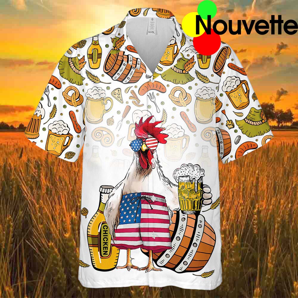 Happy Thanksgiving Turkey Chicken Drinking Beer Flag Rooster Hawaiian Shirt