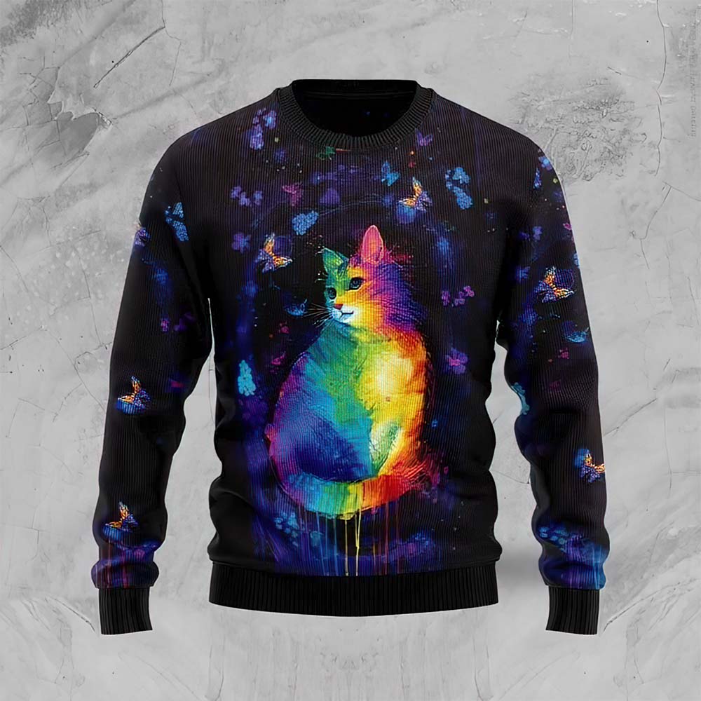 Colorful Cat And Galaxy Butterflies Christmas Sweater Colorful Cat And Galaxy Butterflies Christmas Sweater