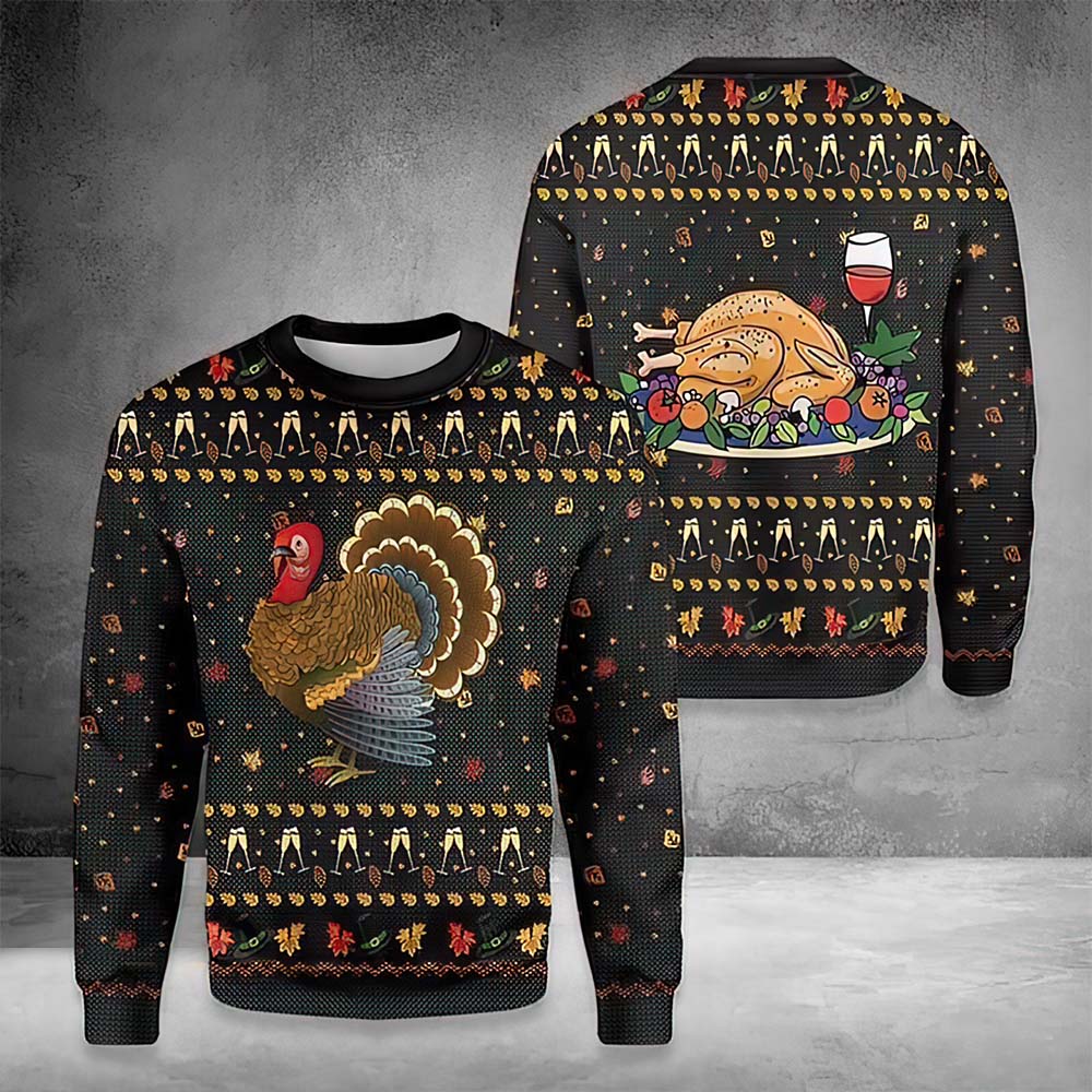 Turkey In Plate And Red Wine For Thankgiving Christmas Sweater