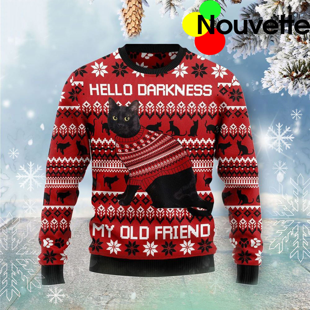 Black Cat Hello Darkness My Old Friend Christmas Sweater