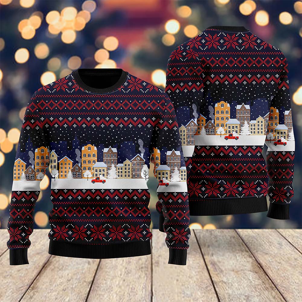 Lonely Red Car In Snow Night Pattern Ugly Christmas Sweater Lonely Red Car In Snow Night Pattern Ugly Christmas Sweater