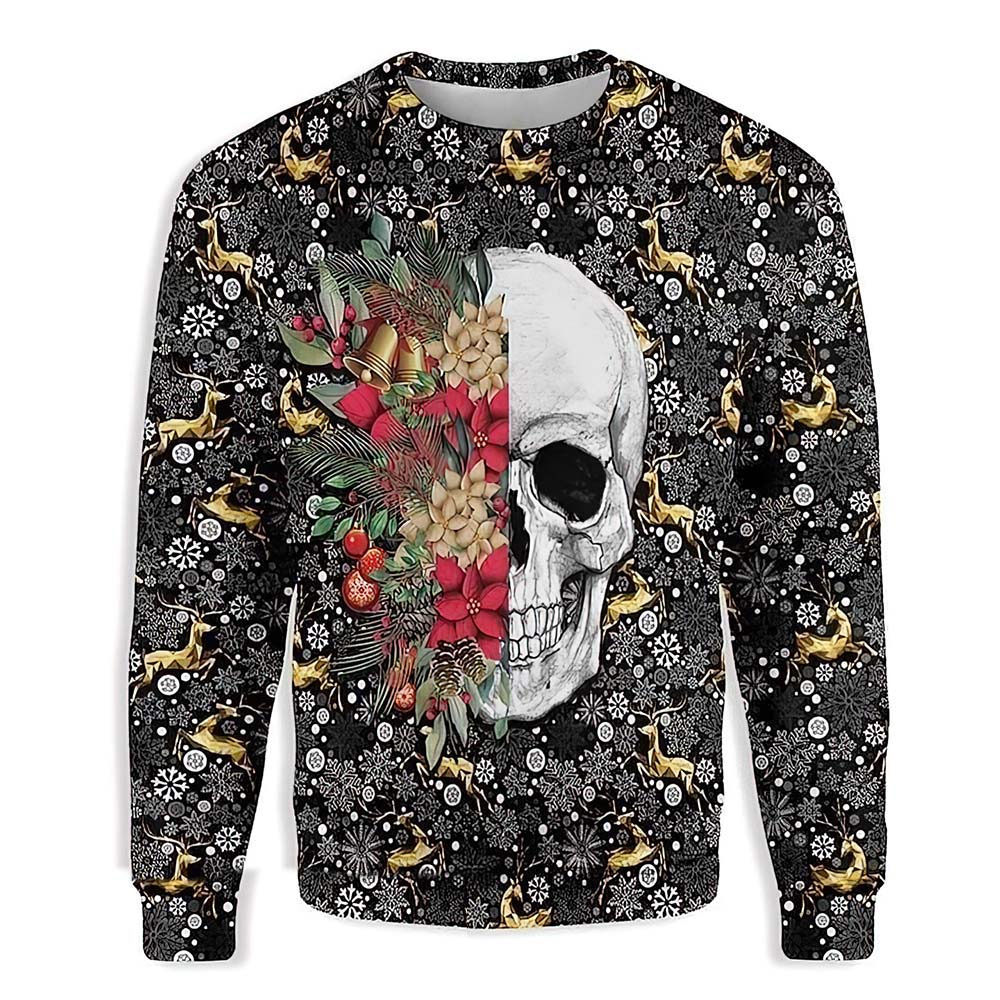 Symmetric Skull And Flowers Christmas Sweater Symmetric Skull And Flowers Christmas Sweater