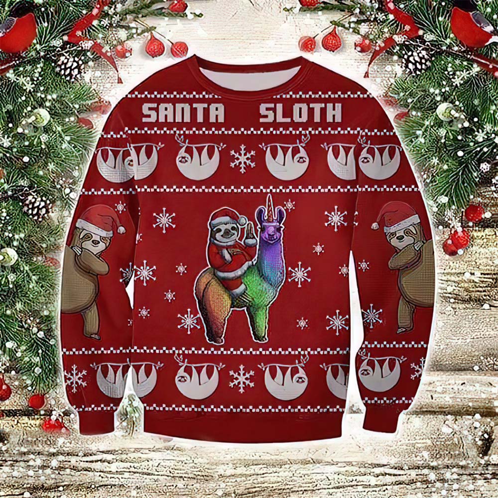 Santa Sloth Riding Llama Christmas Sweater Santa Sloth Riding Llama Christmas Sweater
