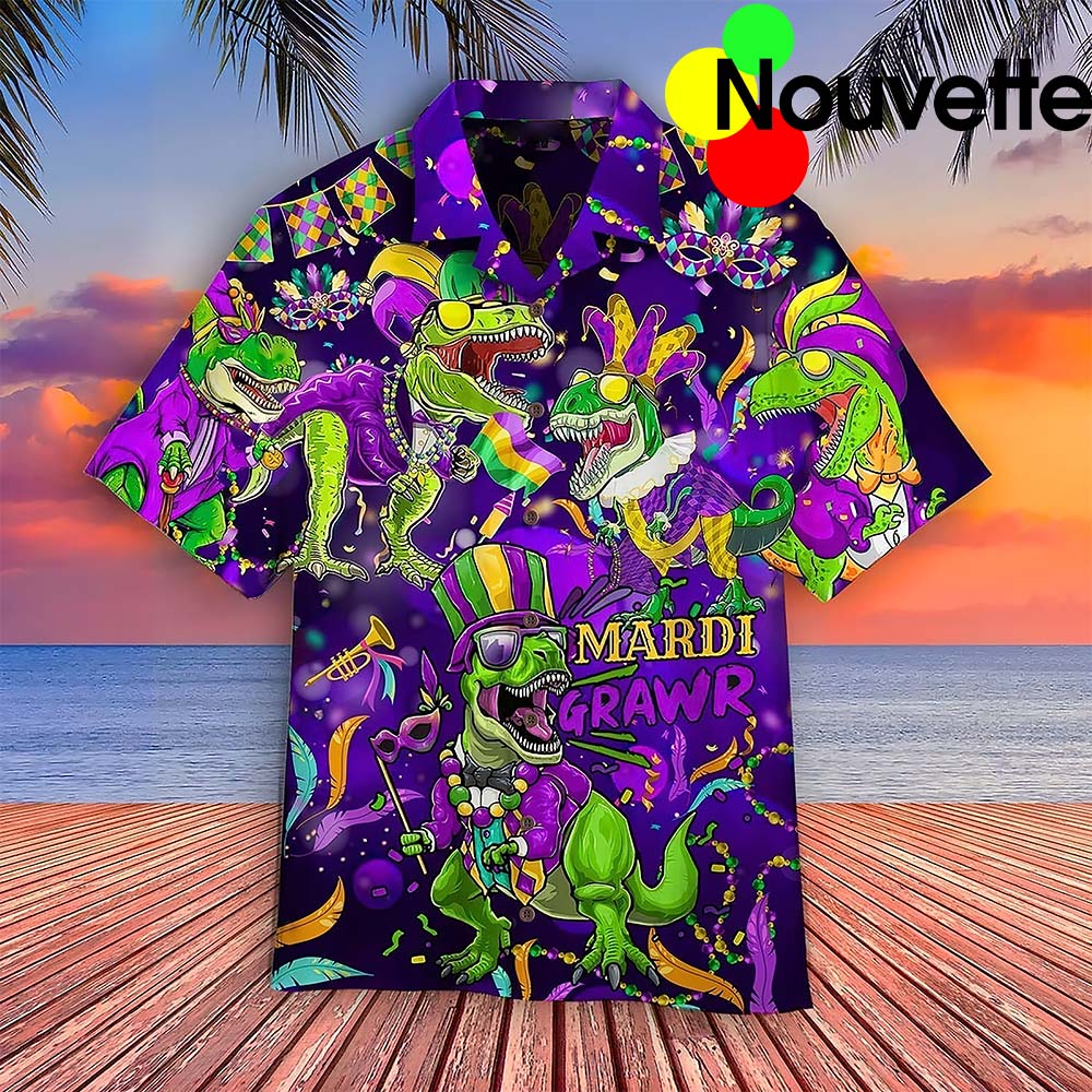 Dinosaur Happy Mardi Gras Hawaiian Shirts Dinosaur Happy Mardi Gras Hawaiian Shirts