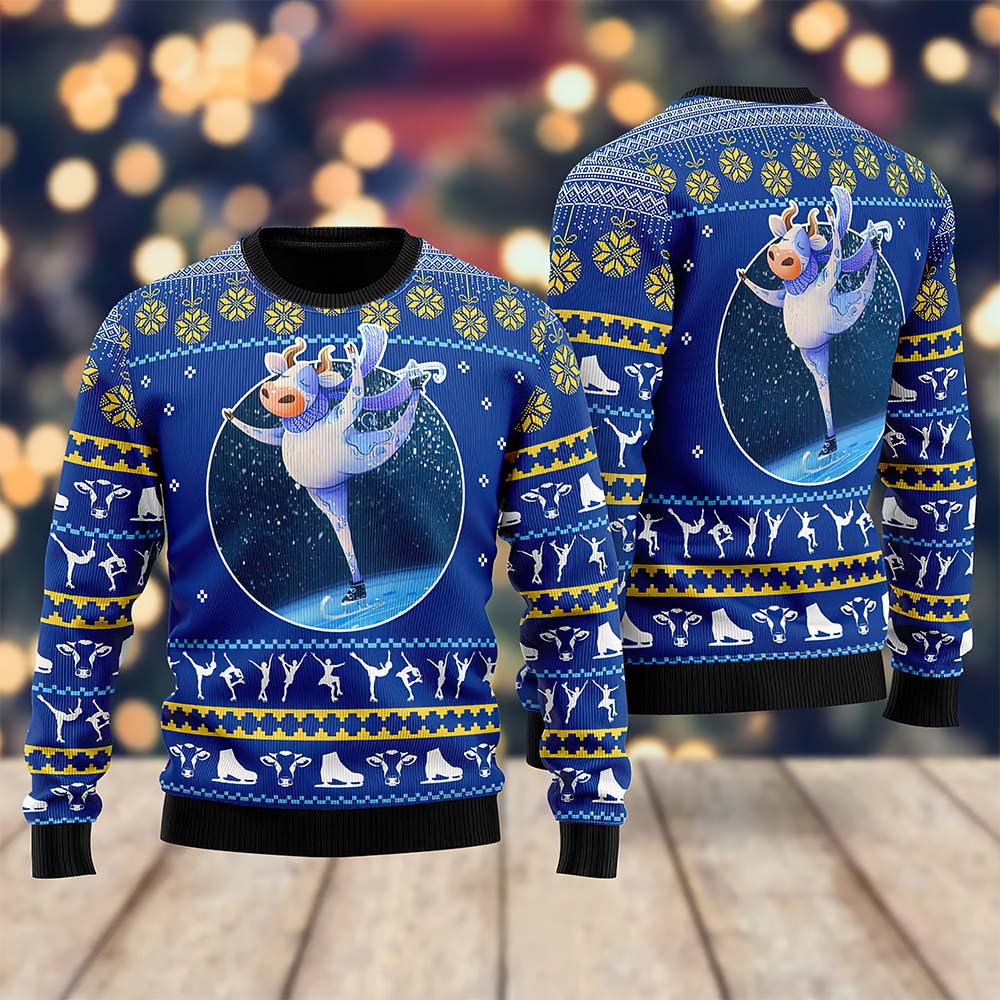 Cow Ice Skating Ugly Christmas Sweater Cow Ice Skating Ugly Christmas Sweater