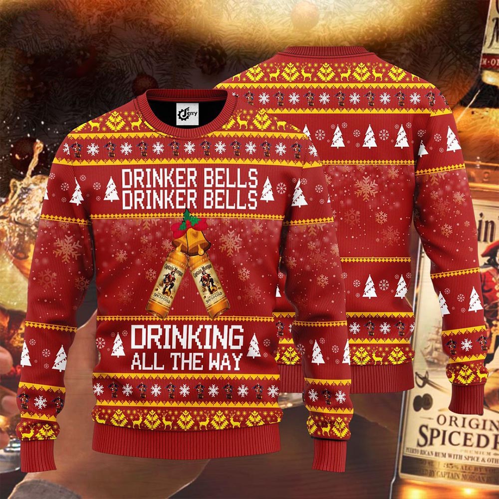 Drinker Bells Drinker Bells Drinking All The Way Ugly Christmas Captain Morgan Sweater Drinker Bells Drinker Bells Drinking All The Way Ugly Christmas Captain Morgan Sweater