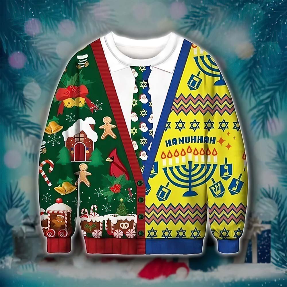 Half Green House Half Yellow Hanuhhah With Tie Christmas Sweater Half Green House Half Yellow Hanuhhah With Tie Christmas Sweater