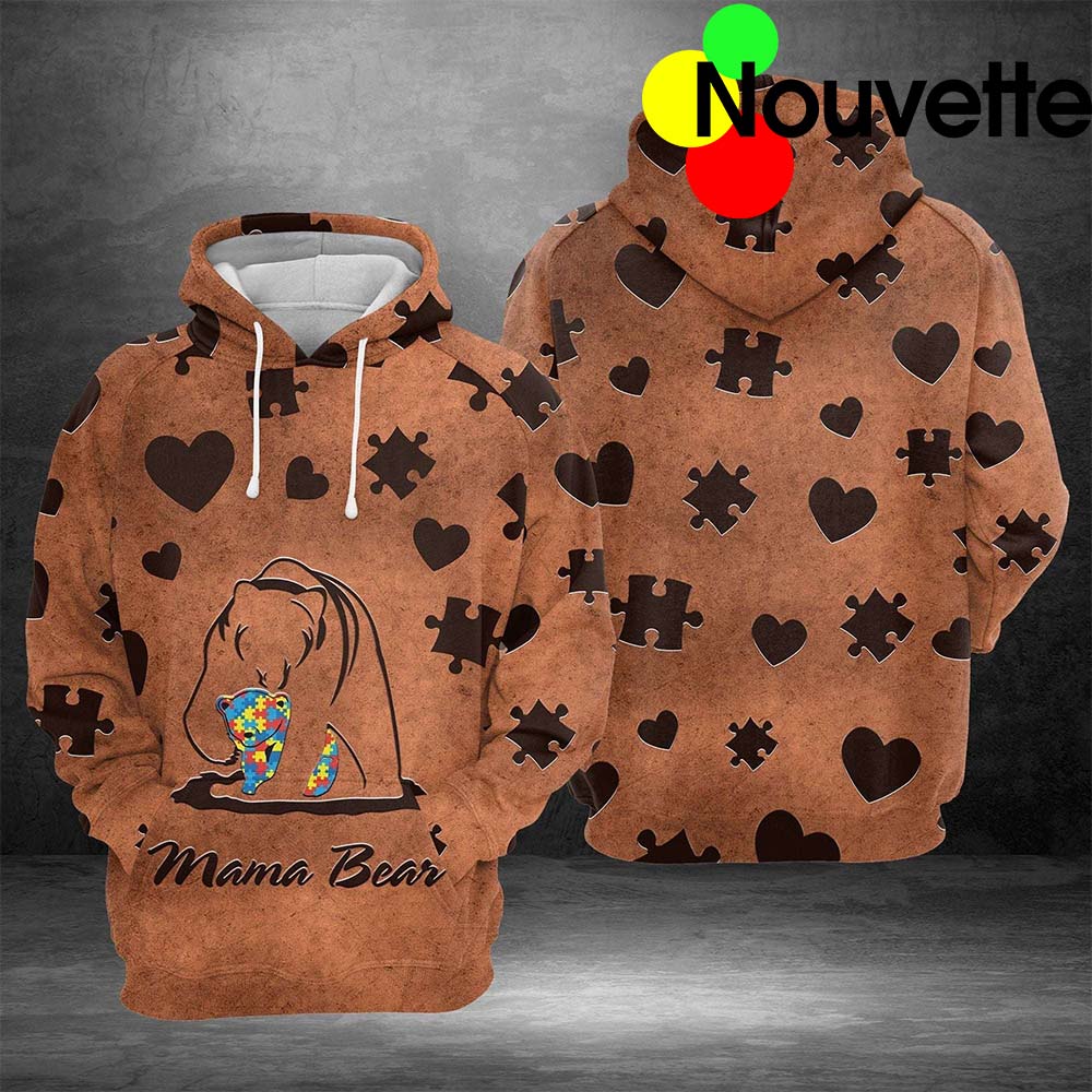 Brown Mama Bear Love Autism 3D Hoodie