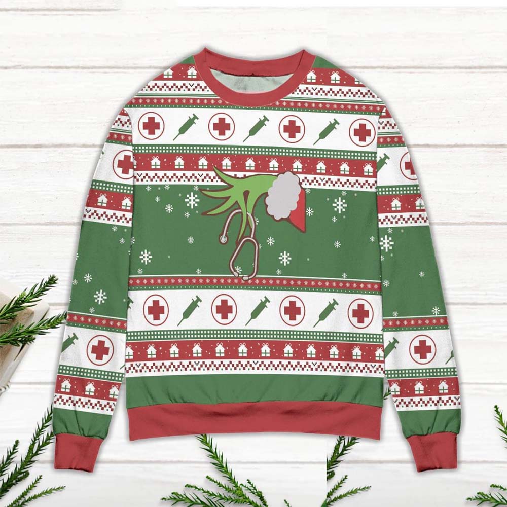 The Grinch Hand Holding Nurse Christmas Sweater The Grinch Hand Holding Nurse Christmas Sweater