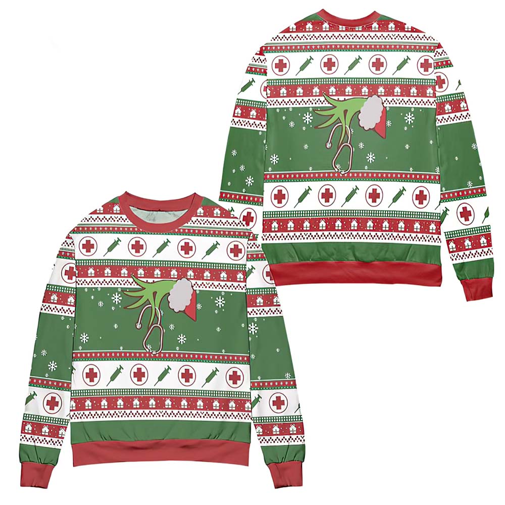 The Grinch Hand Holding Nurse Christmas Sweater The Grinch Hand Holding Nurse Christmas Sweater