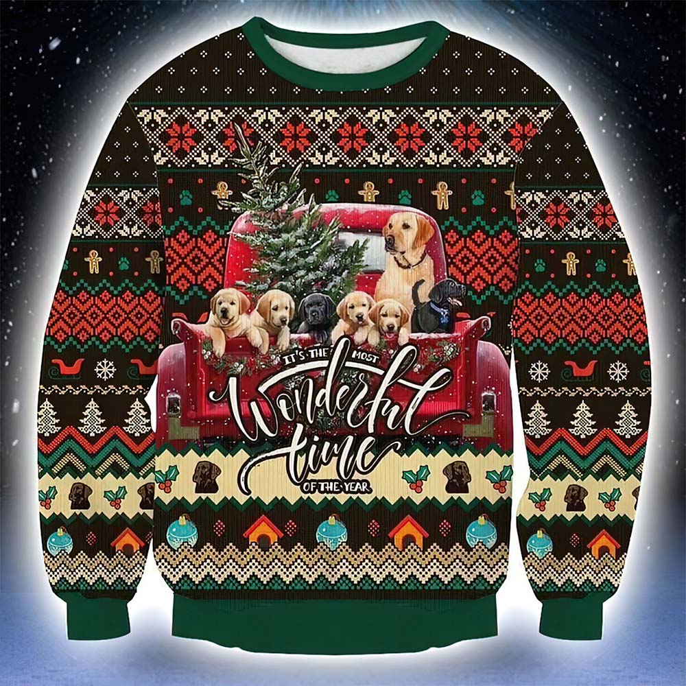 Lovely Labrado Dog Family In Red Car The Most Wonderful Time Of The Year Christmas Sweater Lovely Labrado Dog Family In Red Car The Most Wonderful Time Of The Year Christmas Sweater