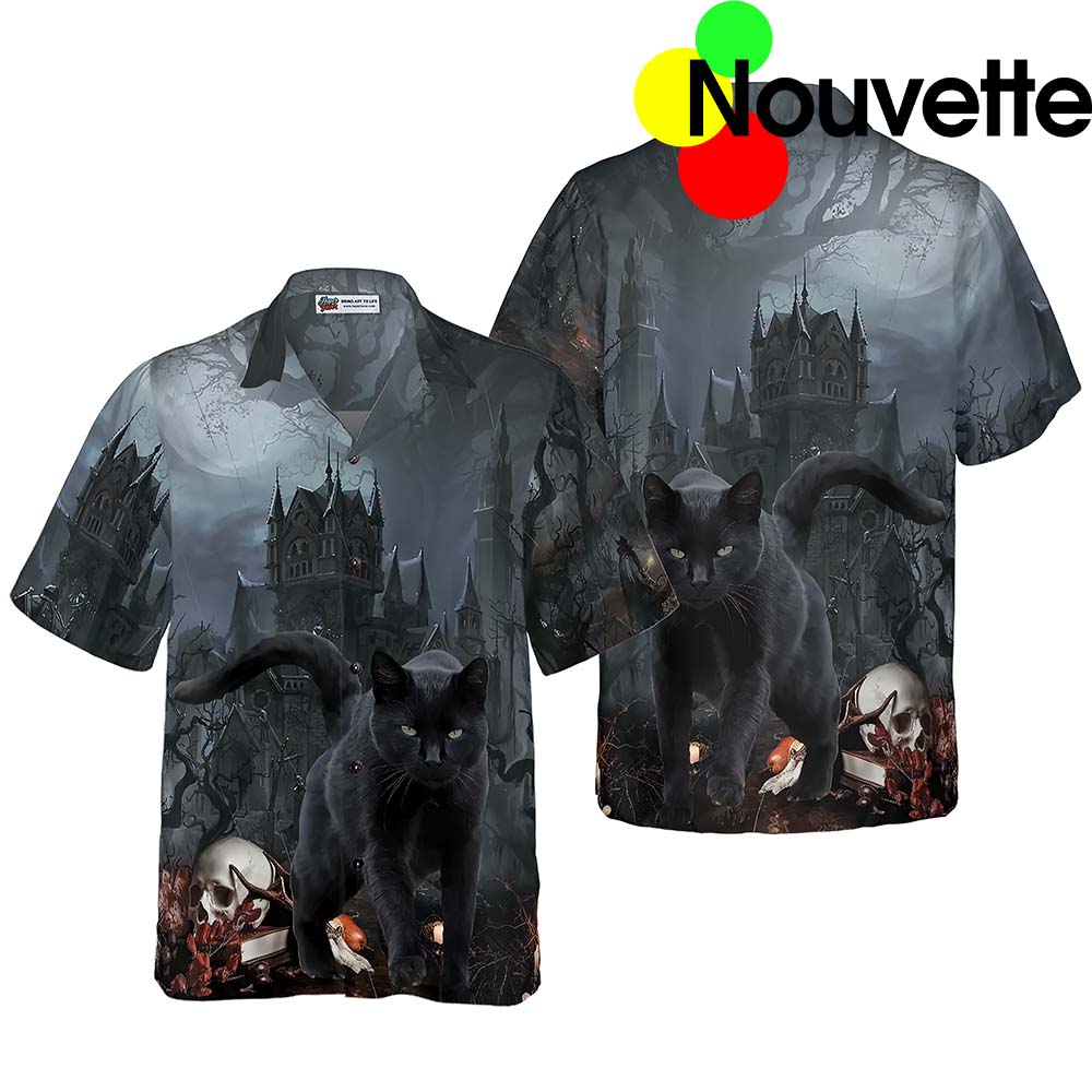 Black Cat In Spooky Halloween Hawaiian Shirt