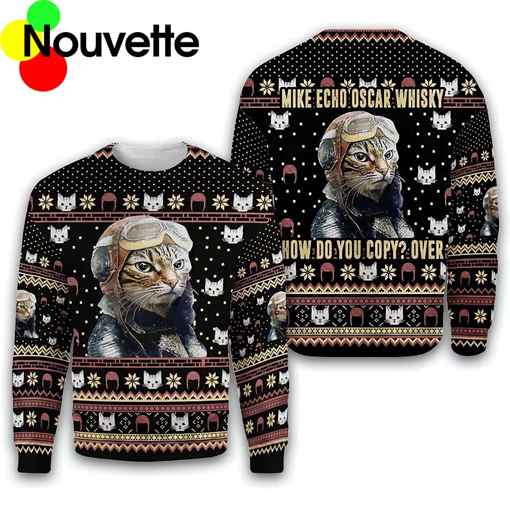 Mike Echo Oscar Whisky Cat Christmas Ugly Sweater